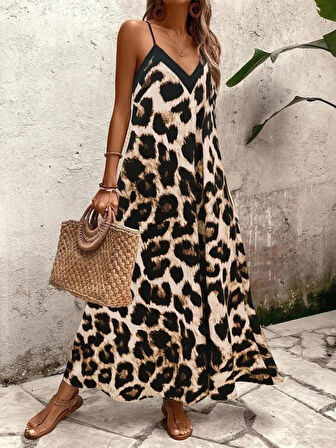 TUA MODA Kadın Ip Askılı Geniş V Yakalı Leopar Desenli Süprem Elbise