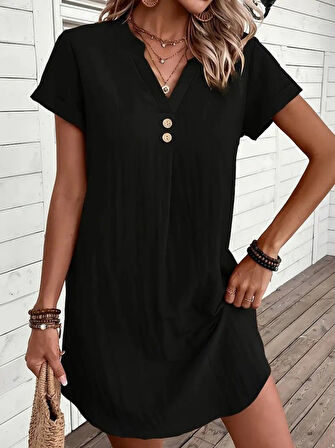 TUA MODA Kadın Kısa Kollu V Yakalı Düğmeli Müslim Kısa Elbise