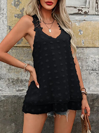 TUA MODA Kadın Dantel Askılı V Yakalı Sırtı çapraz Detaylı Ponpon Bluz