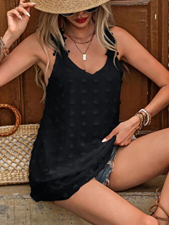 TUA MODA Kadın Dantel Askılı V Yakalı Sırtı çapraz Detaylı Ponpon Bluz