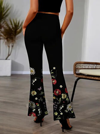 TUA MODA Kadın Yüksek Belli çiçek Desenli Ispanyol Paçalı Dalgıç Tayt Pantolon