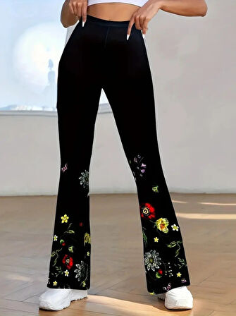 TUA MODA Kadın Yüksek Belli çiçek Desenli Ispanyol Paçalı Dalgıç Tayt Pantolon