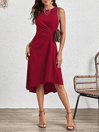 TUA MODA Kadın Sıfır Kollu Bisiklet Yaka Büzgülü Asimetrik Kesim Detaylı Janjan Krep Elbise