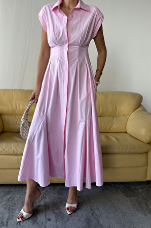 TUA MODA KOLSUZ VATKALI ÖNDEN DÜĞMELİ  BEL PENS DETAYLI POPLİN ELBİSE - Pembe
