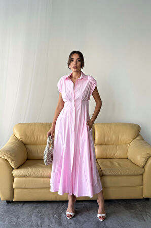 TUA MODA KOLSUZ VATKALI ÖNDEN DÜĞMELİ  BEL PENS DETAYLI POPLİN ELBİSE - Pembe