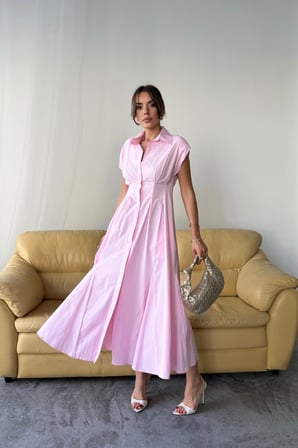 TUA MODA KOLSUZ VATKALI ÖNDEN DÜĞMELİ  BEL PENS DETAYLI POPLİN ELBİSE - Pembe