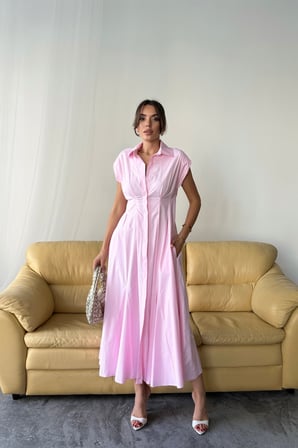 TUA MODA KOLSUZ VATKALI ÖNDEN DÜĞMELİ  BEL PENS DETAYLI POPLİN ELBİSE - Pembe