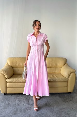 TUA MODA KOLSUZ VATKALI ÖNDEN DÜĞMELİ  BEL PENS DETAYLI POPLİN ELBİSE - Pembe