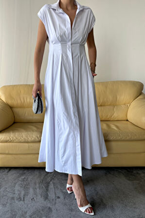 TUA MODA KOLSUZ VATKALI ÖNDEN DÜĞMELİ  BEL PENS DETAYLI POPLİN ELBİSE - Beyaz