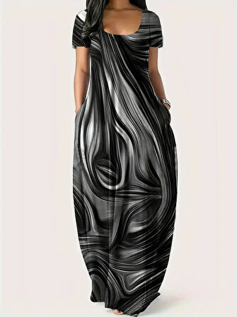 TUA MODA Kadın Kısa Kollu Yuvarlak Yaka Cepli Salaş Baskılı Süprem Elbise