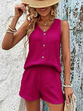 TUA MODA Kadın Askılı Kolsuz V Yakalı önden Düğmeli Bürümcük Bluz Ve Short Ikili Takım