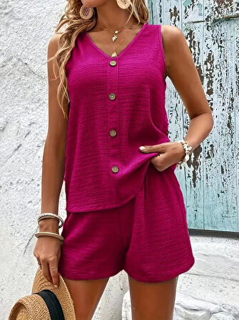 TUA MODA Kadın Askılı Kolsuz V Yakalı önden Düğmeli Bürümcük Bluz Ve Short Ikili Takım