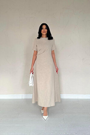 TUA MODA Bej Pileli Bisiklet Yaka Elbise