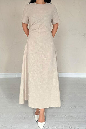 TUA MODA Bej Pileli Bisiklet Yaka Elbise