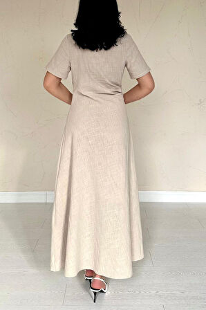 TUA MODA Bej Pileli Bisiklet Yaka Elbise