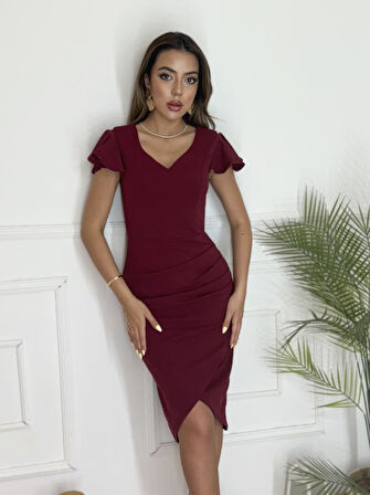 TUA MODA QKadın Kısa Kollu Kalp Yaka Yanlardan Büzgü Detay Midi Janjan Krep Elbise