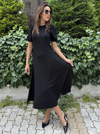 TUA MODA Kadın Kısa Balon Kollu Bisiklet Yaka Geniş Kesim Janjan Krep Elbise