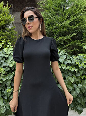TUA MODA Kadın Kısa Balon Kollu Bisiklet Yaka Geniş Kesim Janjan Krep Elbise