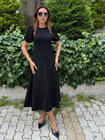 TUA MODA Kadın Kısa Balon Kollu Bisiklet Yaka Geniş Kesim Janjan Krep Elbise