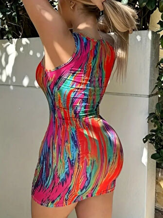 TUA MODA Kadın Kalın Askılı çok Renkli Dalgıç Mini Elbise