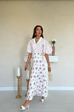 TUA MODA Ekru Dijital Baskılı Elbise