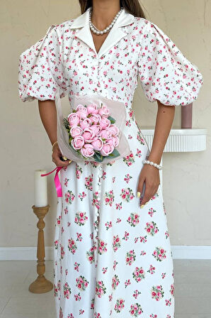 TUA MODA Ekru Dijital Baskılı Elbise