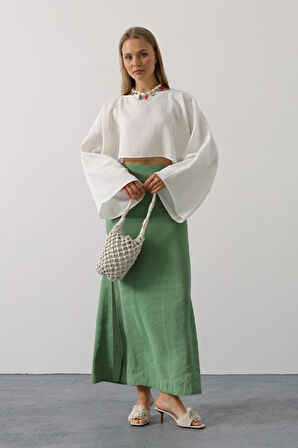 TUA MODA YARASA KOLLU CROP BLUZ - Beyaz