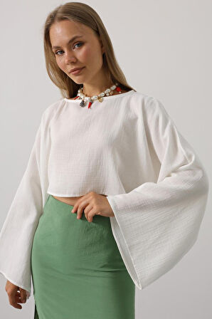 TUA MODA YARASA KOLLU CROP BLUZ - Beyaz