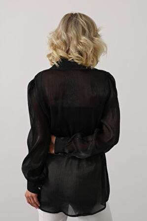 TUA MODA Belden Bağlamalı Uzun Kol Gömlek - Siyah