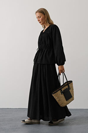 TUA MODA Önü Bağlamalı Etekli Takım - Siyah