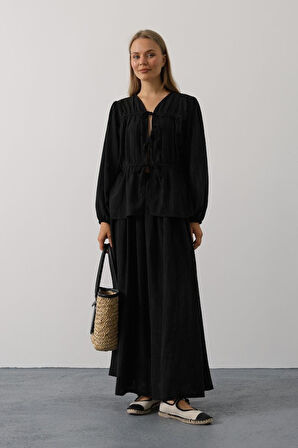 TUA MODA Önü Bağlamalı Etekli Takım - Siyah