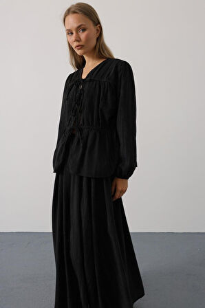 TUA MODA Önü Bağlamalı Etekli Takım - Siyah