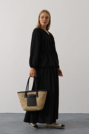 TUA MODA Önü Bağlamalı Etekli Takım - Siyah