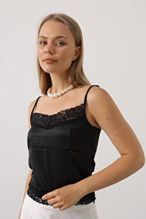 TUA MODA Likralı Saten Bluz - Siyah