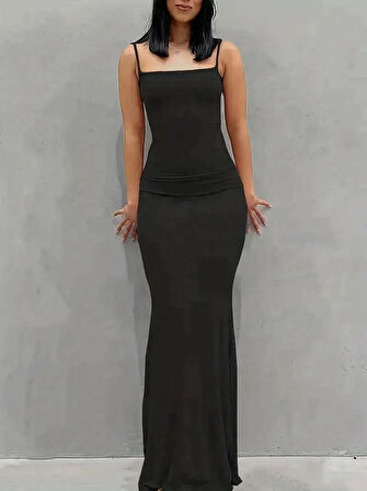 TUA MODA Kadın Kolsuz Askılı Bodycon Uzun Viskon Elbise