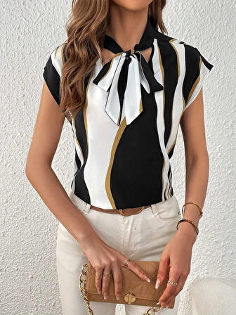 TUA MODA Kadın Kısa Kollu Boyundan Bağlamalı Desenli Dokuma Bluz