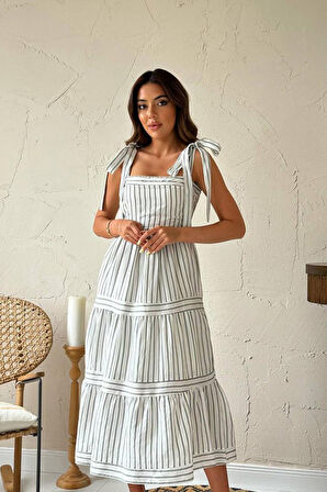TUA MODA Mint Omuzdan Bağlamalı Çizgili Elbise