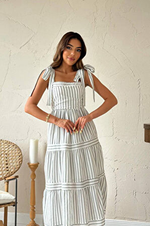 TUA MODA Mint Omuzdan Bağlamalı Çizgili Elbise