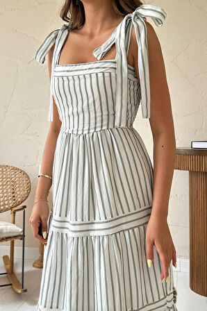 TUA MODA Mint Omuzdan Bağlamalı Çizgili Elbise