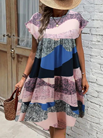 TUA MODA Kadın Kısa Kollu Bisiklet Yaka Kare Desenli Dalgıç Elbise