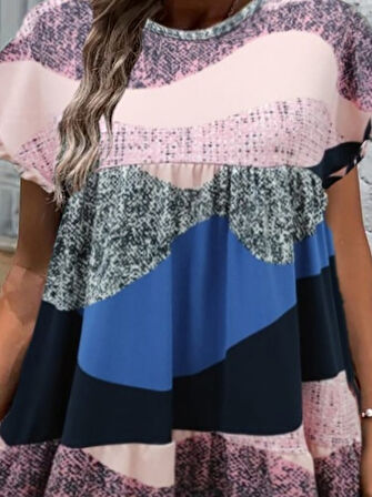 TUA MODA Kadın Kısa Kollu Bisiklet Yaka Kare Desenli Dalgıç Elbise