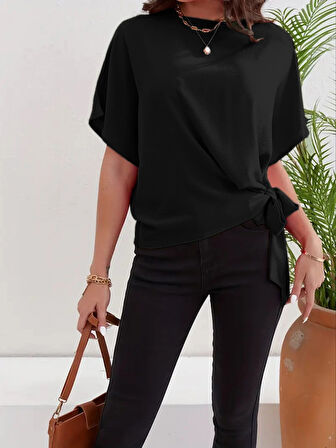 TUA MODA Kadın Kısa Kollu Bisiklet Yaka Yandan Bağlamalı Aerobin Bluz