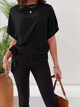 TUA MODA Kadın Kısa Kollu Bisiklet Yaka Yandan Bağlamalı Aerobin Bluz