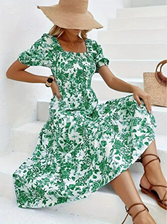 TUA MODA Kadın Kısa Kollu Kare Yakalı Lastikli Desenli Süprem Elbise