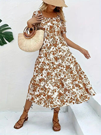 TUA MODA Kadın Kısa Kollu Kare Yakalı Lastikli Desenli Süprem Elbise