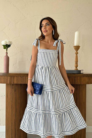 TUA MODA Lacivert Omuzdan Bağlamalı Çizgili Elbise