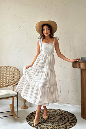 TUA MODA Bej Omuzdan Bağlamalı Çizgili Elbise