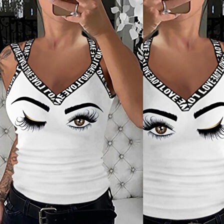 TUA MODA Kadın çapraz şeritli Göz Baskılı Viskon Bluz