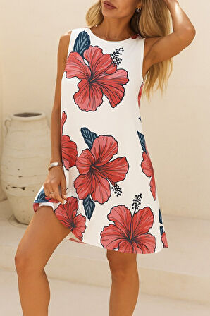 TUA MODA Kadın Sıfır Kol Sırttan Bağlamalı Fırfırlı çiçek Desenli Süprem Elbise