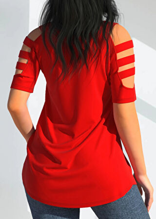 TUA MODA Kadın Kısa Kollu Kollar şerit Detay V Yaka Viskon Bluz